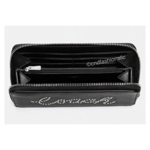 COACH BLACK LEATHER Accordion Zip Wallet w/Studded Coach Script + TISSUE PAPER - Picture 4 of 16
